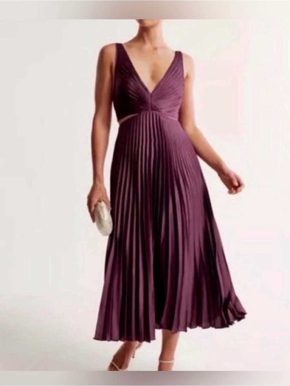 Abercrombie & Fitch Plum Pleated V-Neck Midi Dress